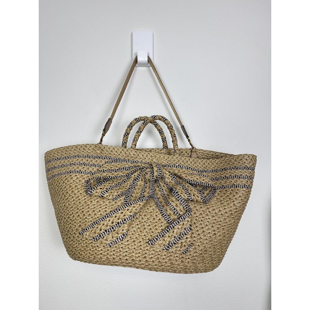 Eric Javits Oversized Straw Raffia Tote Bag Large Beige Bow Beach Pool Vacation